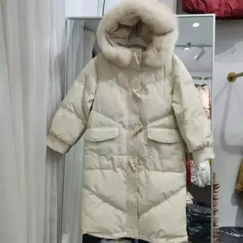 Зимний новый непринужденный повседневный теплый женский пуховик с деревянной роговой пряжкой средней длины и большим меховым воротником