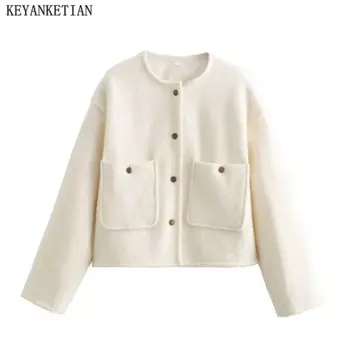 Зимний новый женский шерстяной шикарный костюм KEYANKETIAN, однобортный офисный укороченный топ с круглым вырезом и карманами, верхняя одежда