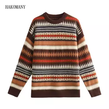 Зимний Рождественский свитер в стиле ретро, трикотажный пуловер с круглым вырезом и геометрическим рисунком в горизонтальную полоску, трикотажный джемпер контрастных цветов с длинным рукавом