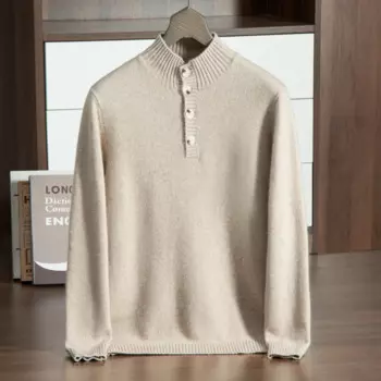 Зимний теплый утолщенный кашемировый свитер для мужчин, умный повседневный пуловер из чистого кашемира с полупуговицами, вязаный свитер с воротником-стойкой