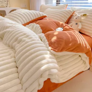 Зимний утолщенный комплект постельного белья, роскошный пододеяльник из молочного флиса, мягкий кроличий мех, коралловая салфетка для лица, теплое одеяло, комплект постельного белья Queen