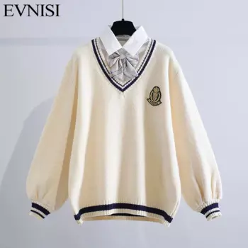 Зимний женский комплект EVNISI из двух частей с имитацией, свободный свитер, вязаные теплые свитера с бантом, женские пуловеры с рукавами-фонариками, джемперы