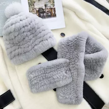 Зимний женский комплект из шапки и шарфа, Круглая Шапка из натурального меха, утепленная меховая шапка для шеи, повседневный шарф из натурального меха, эластичные меховые шапки