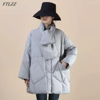 Зимний женский шарф FTLZZ с круглым вырезом, теплая зимняя верхняя одежда, элегантная женская куртка на 90% белом утином пуху, Повседневная Свободная однотонная куртка