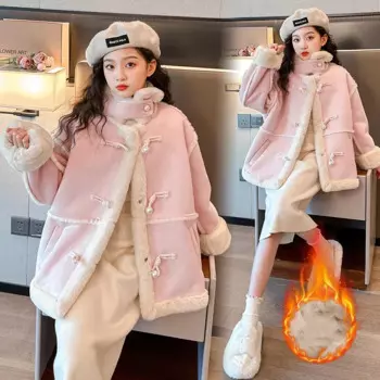 Зимняя детская утепленная меховая интегрированная куртка для девочек, теплые хлопковые пальто контрастных цветов с высоким воротником для девочек, школьная замшевая куртка для девочек