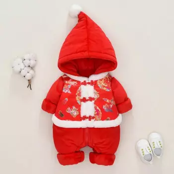 Зимняя китайская Новогодняя одежда для детей, комбинезон с шапкой для новорожденных, детский весенний праздничный костюм для мальчиков и девочек, красный костюм Тан, костюм