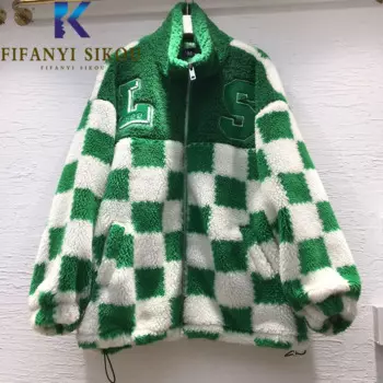 Зимняя куртка из искусственного меха ягненка, женское модное клетчатое пальто с вышивкой, Свободное пальто из искусственного меха на молнии, толстое теплое пальто
