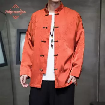 Зимняя Мужская Куртка Лед Шелковая Ткань Длинный Рукав Стенд Воротник Печатная Пряжка Тан Костюм Улучшенный Hanfu Осень Пальто Одежда
