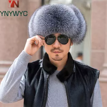 Зимняя мужская шапка-ушанка из 100% натурального Меха чернобурки шапка-ушанка из меха енота русские Мужские Лыжные шапки из натуральной кожи