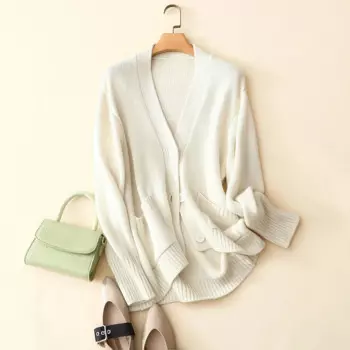 Зимняя Новинка, Женская свободная Стильная верхняя одежда, вязаная одежда, однотонное плотное пальто с v-образным вырезом, Женский вязаный кашемировый кардиган из шерсти мериноса