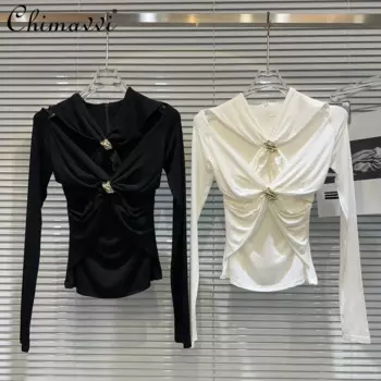 Зимняя одежда 2023, новая модная Сексуальная футболка с металлической пряжкой, простая облегающая женская футболка с длинным рукавом