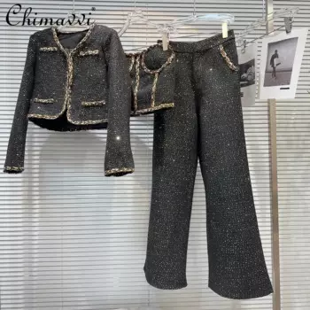 Зимняя одежда 2024, новая высококачественная модная короткая куртка с ткаными краями и подкладкой, топ-труба, прямые брюки, костюм, элегантная женская одежда