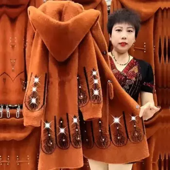 Зимняя одежда для матери, длинное утепленное пальто из искусственной норки и кашемира, Женский трикотажный кардиган высокого качества, zt163