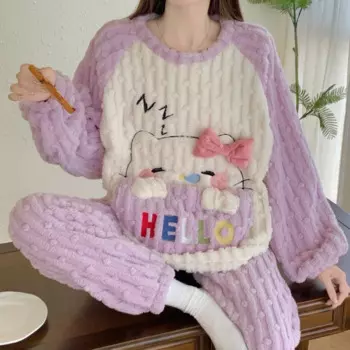 Зимняя Пижама HelloKitty из чистого хлопка, теплый свободный утепленный повседневный комплект из двух предметов с круглым вырезом, домашняя одежда Sanrio, женская пижама