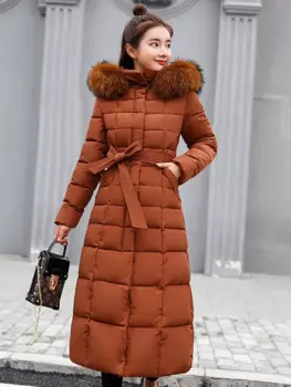 Зимняя пуховая куртка из хлопка, Женская офисная одежда, высококачественное длинное приталенное пальто с большим меховым воротником и поясом, утепленное пальто с капюшоном для женщин