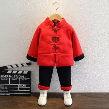 Зимняя теплая детская одежда в китайском стиле, детские новогодние наряды для мальчиков, модное хлопковое пальто в стиле ретро, штаны, Детский костюм Тан