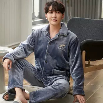 Зимняя Толстая флисовая Пижама кораллового цвета Мужская Фланелевая куртка с длинным рукавом Зимняя мужская пижама для дома