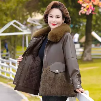 Зимняя верхняя одежда для мам среднего возраста, куртка на хлопковой подкладке, верхняя одежда из норкового меха, кожаное женское теплое пальто с меховым воротником