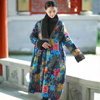 Зимняя винтажная ветровка из хлопка и льна, тренчкот с хлопковой подкладкой и принтом, Женская свободная Теплая стеганая длинная куртка