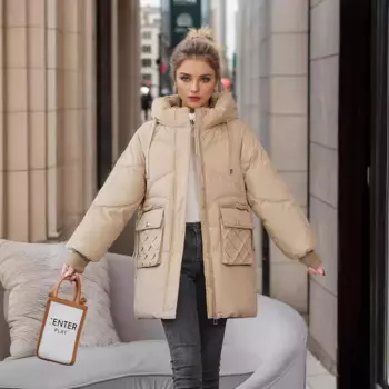 Зимняя женская куртка 2024, Женская однотонная утепленная хлопковая куртка с капюшоном, Женская Повседневная парка с двумя карманами, женская одежда