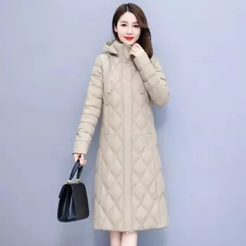 Зимняя женская куртка 2025 года, удлиненная стильная женская стеганая верхняя одежда, парка, утепленная теплая пуховая хлопковая женская куртка с капюшоном, большие размеры 8XL