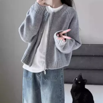 Zipper Cardigan Women Sweater O-neck Cropped Knitwear Cozy Autumn 7-Colors American Temper Кардиган Женский Minimalist Casual