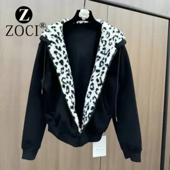 [ZOCI] Зимняя толстая бархатная толстовка с длинными рукавами и леопардовым узором Lamb, ультрапростая стильная толстовка с капюшоном