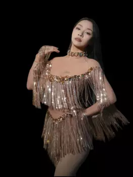 Золотое потрясающее женское сетчатое платье с бахромой и кристаллами, наряд королевы для дня рождения, сценический костюм, карнавальный рейв-фестиваль