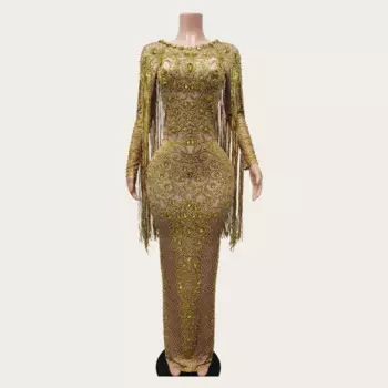 Золотое вечернее платье с блестящими кристаллами и кисточками, длинное вечернее платье со стразами, одежда для бальных выступлений, сценический костюм певицы на день рождения