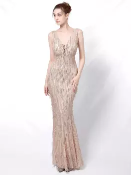Золотое вечернее платье с кисточками и блестками, сексуальное платье без рукавов с v-образным вырезом, вечерние платья для выпускного вечера, женское вечернее платье De Soriee, длинное платье русалки