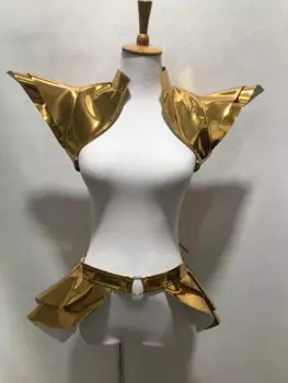 Золотой костюм танцовщицы Gogo, женский сценический костюм, аксессуары для ночного клуба, бара, вечеринки, шоу, рейв-одежда, карнавальный костюм на Хэллоуин