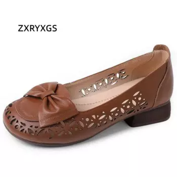 ZXRYXGS модные высокие женские босоножки из коровьей кожи с бантом на низком каблуке сезон весна-лето 2024 дышащие кожаные сандалии большого размера