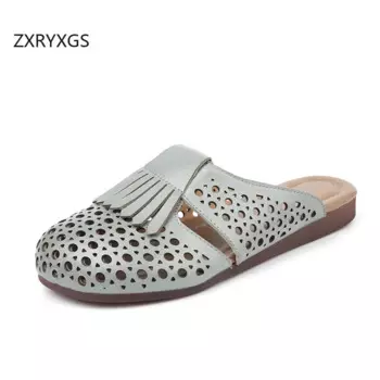 ZXRYXGS, новинка 2024, Летние кожаные сандалии с круглым носком, мягкие удобные сандалии на плоской подошве из коровьей сухожилистой ткани, женские босоножки большого размера
