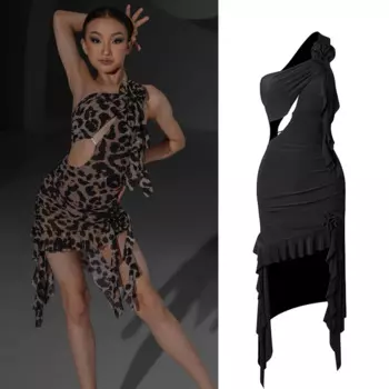 ZYM платье для латинских танцев для девочек, сексуальное платье нестандартной формы с косыми плечами, чача, румба, танго, костюмы для латинских выступлений DQS13483