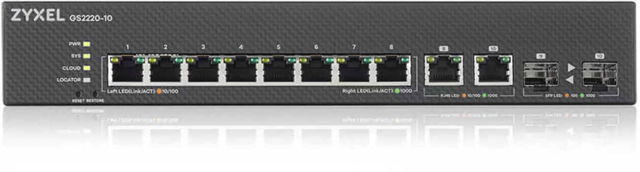 ZYXEL NebulaFlex Pro GS2220-10 Hybrid L2 Switch, rack 19 ", 8xGE, 2xCombo (SFP / RJ-45), silent, standalone / cloud management