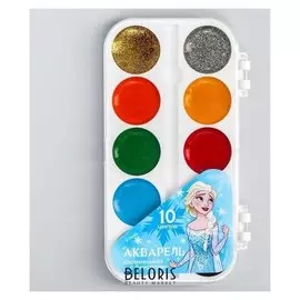 Акварель 8 цветов + 2 цвета с блёстками (Золото, серебро), "Эльза", холодное сердце