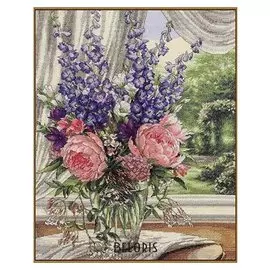 Алмазная мозаика "Пионы и дельфиниумы", 20*25 см, 31 цвет