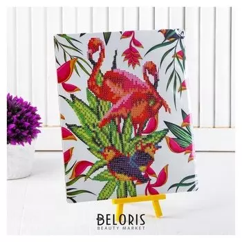 Алмазная вышивка с частичным заполнением «Пара фламинго с птичками», с подставкой, размер картины: 21 × 25 см