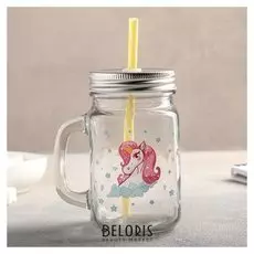Банка с ручкой, крышкой и трубочкой 450 мл "Единорог"