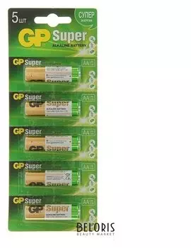 Батарейка алкалиновая GP Super, AA, Lr6-5bl, 1.5в, отрывной блистер, 5 шт.
