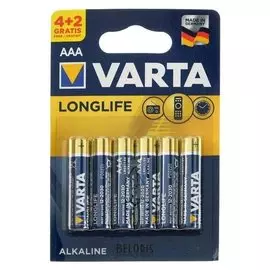 Батарейка алкалиновая Varta Longlife, Aaa, Lr03-6bl, 1.5в, блистер, 4+2 шт.