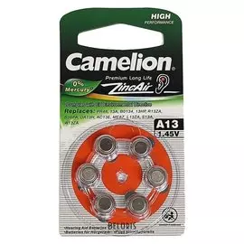 Батарейка цинковая Camelion, A13 (Pr48)-6bl, для слуховых аппаратов, 1.45в, блистер, 6 шт.