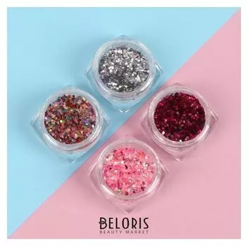 Блёстки для декора, крупные/мелкие, 4 баночки