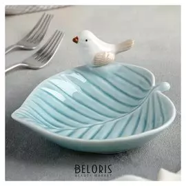 Блюдо 15,5×15,5 см "Птичка на листочке", цвет голубой