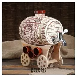 Бочка для пива, 4 л, на телеге, 6 рюмок в наборе, под шамот