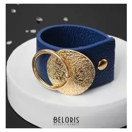 Браслет кожа "Диск" с кольцом, цвет синий в золоте