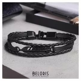 Браслет кожа "Коса двойная" перо, цвет чёрный в чёрном металле