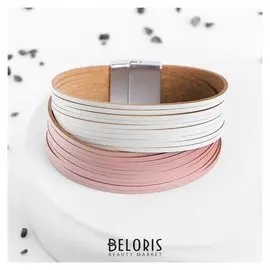 Браслет кожа "На магните" сплошные линии, цвет бело-розовый, 19см