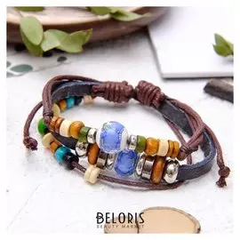 Браслет кожа "Настроение" бусины на нитях, цвет коричневый