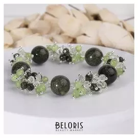 Браслет шар №10 "Змеевик" с шариками №4 оникса и хрусталём